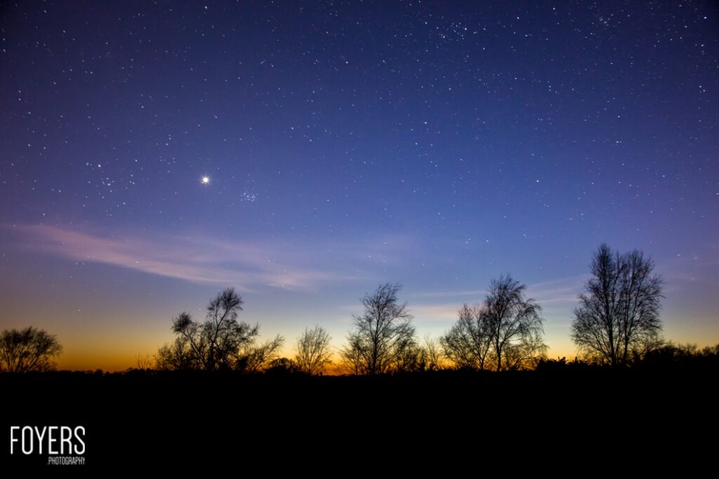 Starry sky over silhouetted trees at dusk.