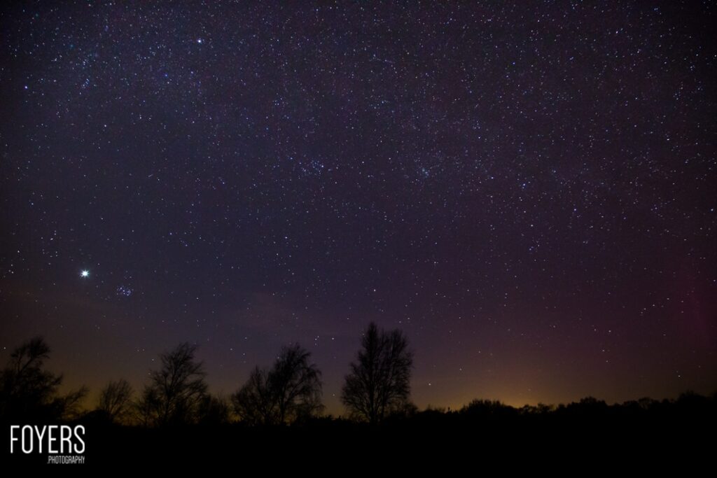 Starry night sky over silhouetted trees.