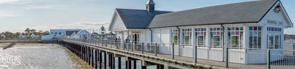 Seaside building on Southwold Pier, Suffolk, UK.