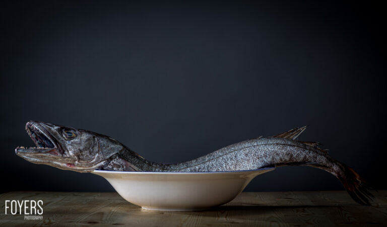 Raw fish in white bowl on wooden table.