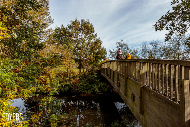 Two people walk across a wooden bridge over a river, surrounded by autumn trees with golden and green foliage.
