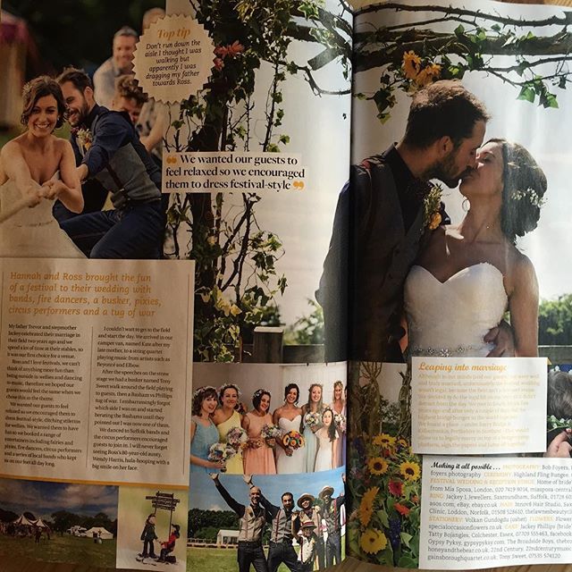 Magazine spread showing a wedding feature with photos of a couple kissing under foliage and bridesmaids in peach dresses.