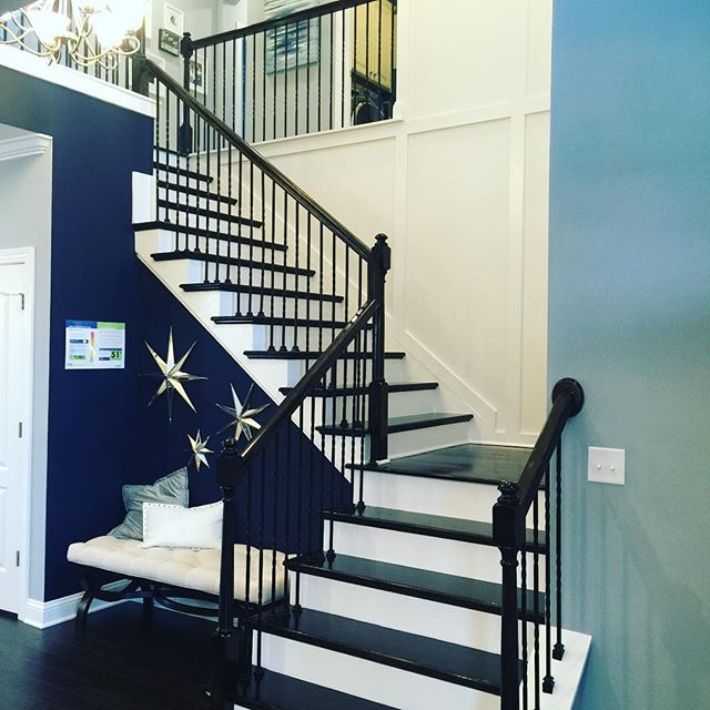 A black and white staircase with metal railings leads upward in a modern home interior with blue and white walls.