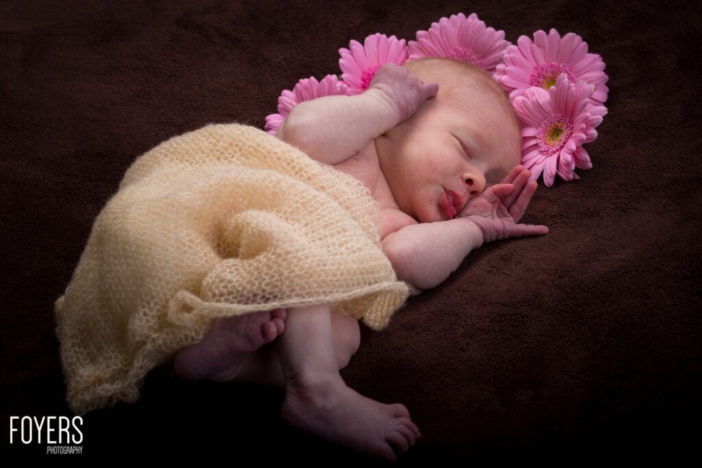 Newborn baby sleeping peacefully on a dark brown blanket, wearing a cream knitted blanket and a pink flower crown made of gerberas.
