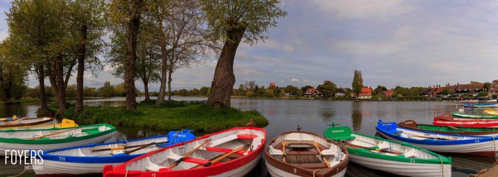 Colourful rowing boats moored on a river bank beneath ancient trees, with a village visible across the water.