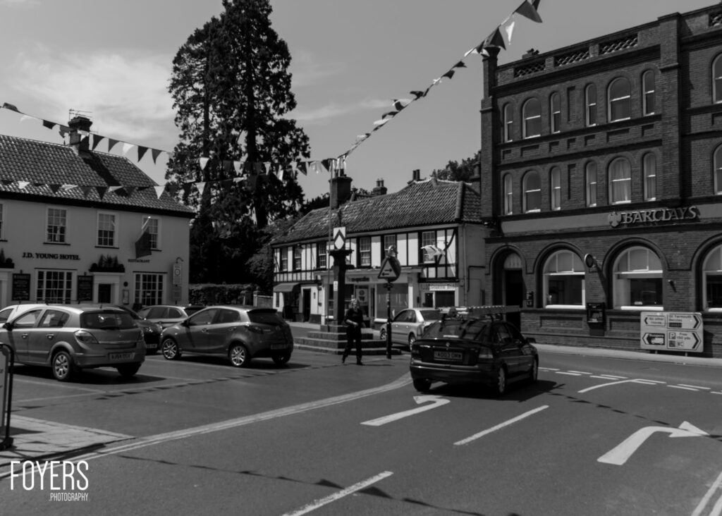 A town square with parked cars, historic buildings including a hotel and bank, bunting overhead, and a tall ivy-covered tree.