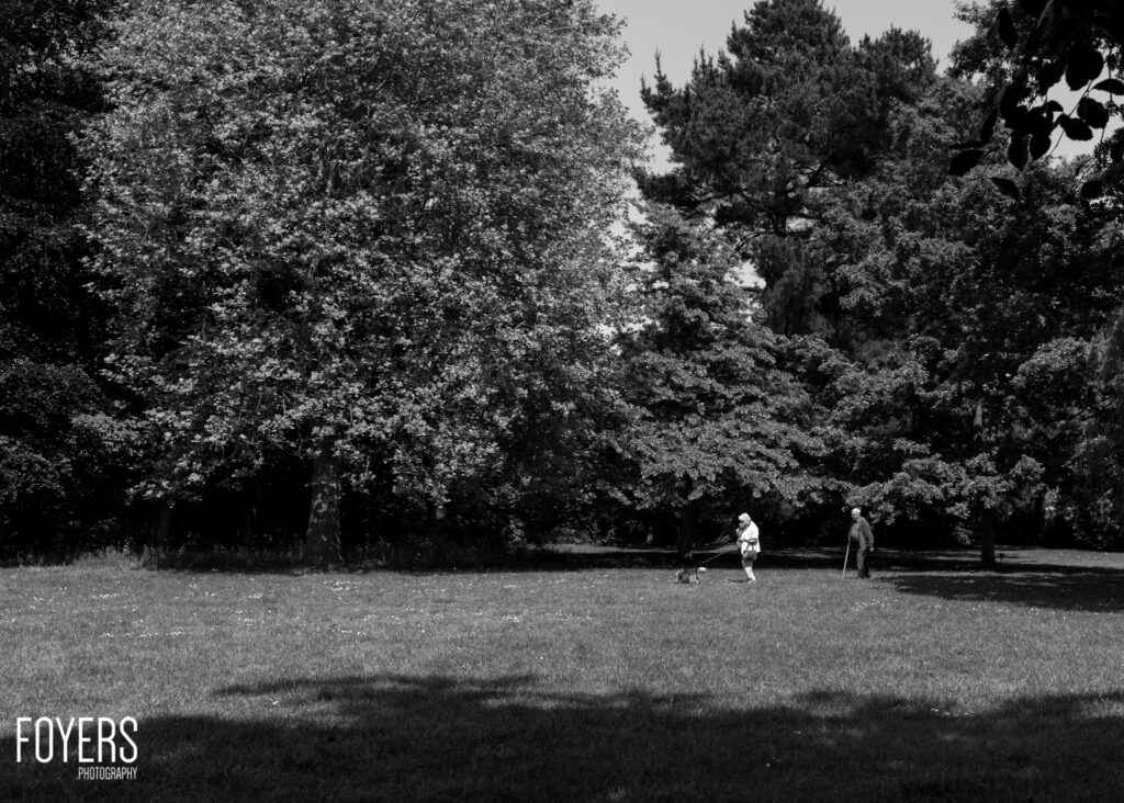 Two people walking across a grassy park field with dense trees in the background. Black and white photograph.