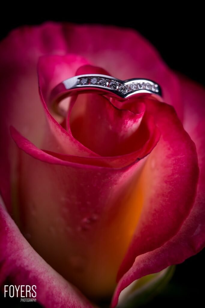 A diamond wedding band rests on a vibrant pink and orange rose against a black background.