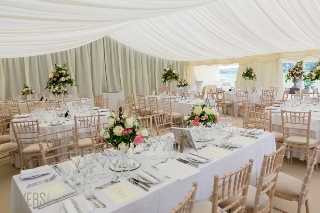 inside majestic marquee in a field just outside Binham