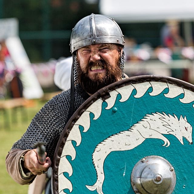 A bearded man in Viking costume wearing a metal helmet and chainmail holds a decorative shield with a white wolf design on a teal background at an outdoor event.