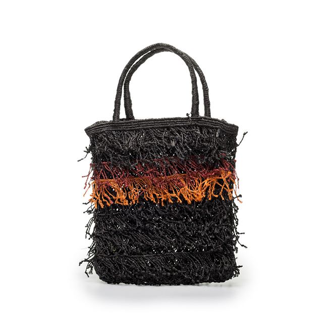 Black textured tote bag with orange and red frayed stripe detail around the middle, displayed against a white background.