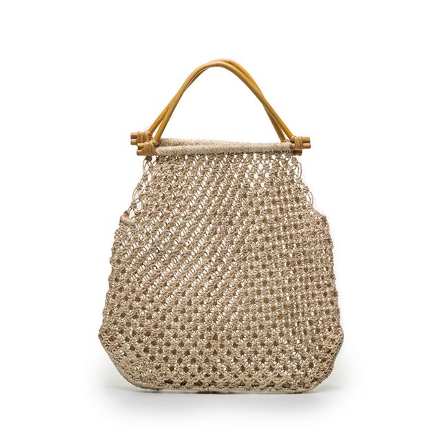 A beige crocheted handbag with wooden handles, displayed against a white background.