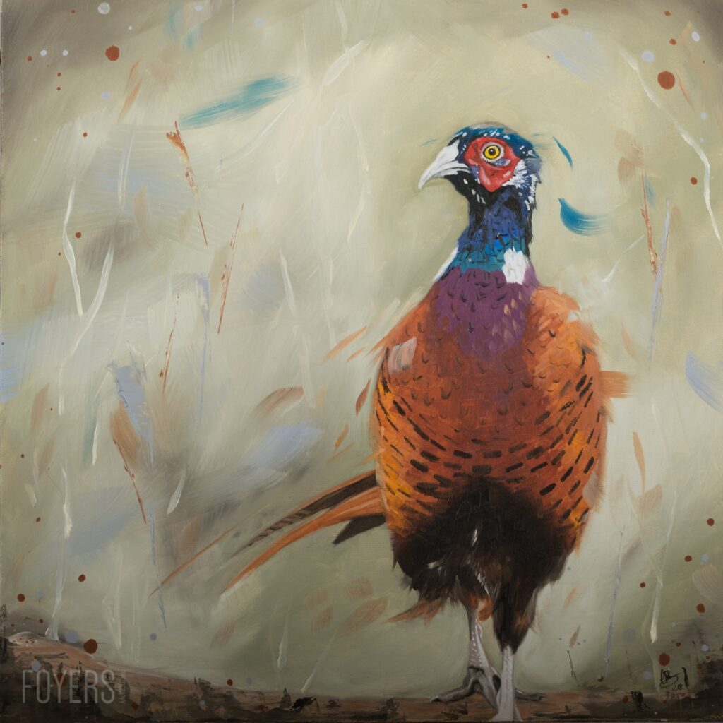 A pheasant stands upright against a cream background with abstract brushstrokes and red splatter marks surrounding it.