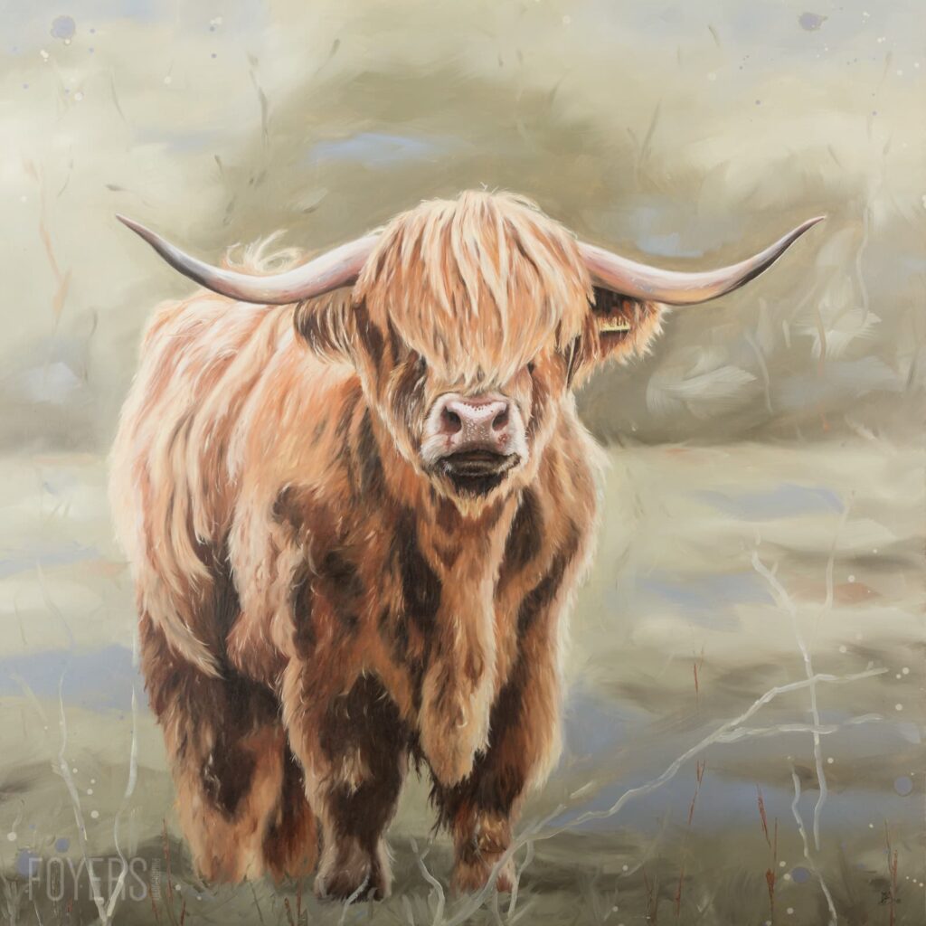A Highland cattle cow with long horns and shaggy reddish-brown coat stands in a misty moorland setting.