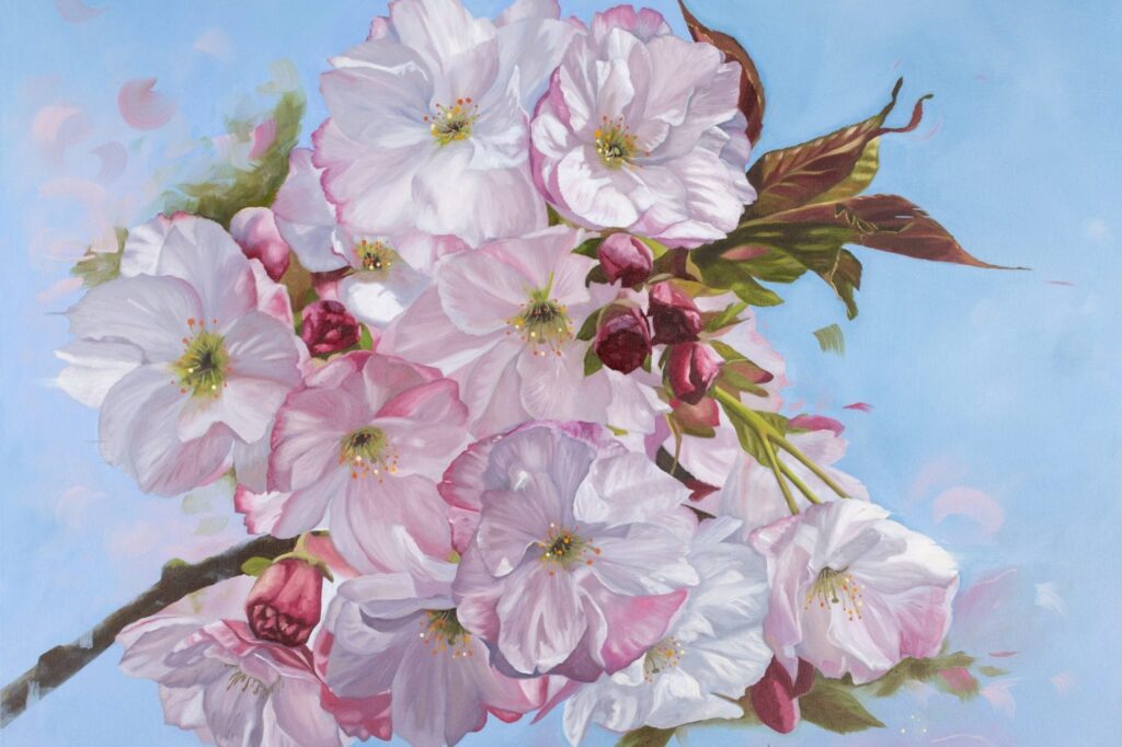 A detailed painting of pink and white cherry blossoms on a branch against a soft blue sky, with buds and green leaves.