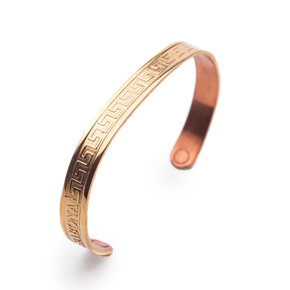 A copper cuff bracelet with a Greek key pattern engraved around the band, displayed against a white background.