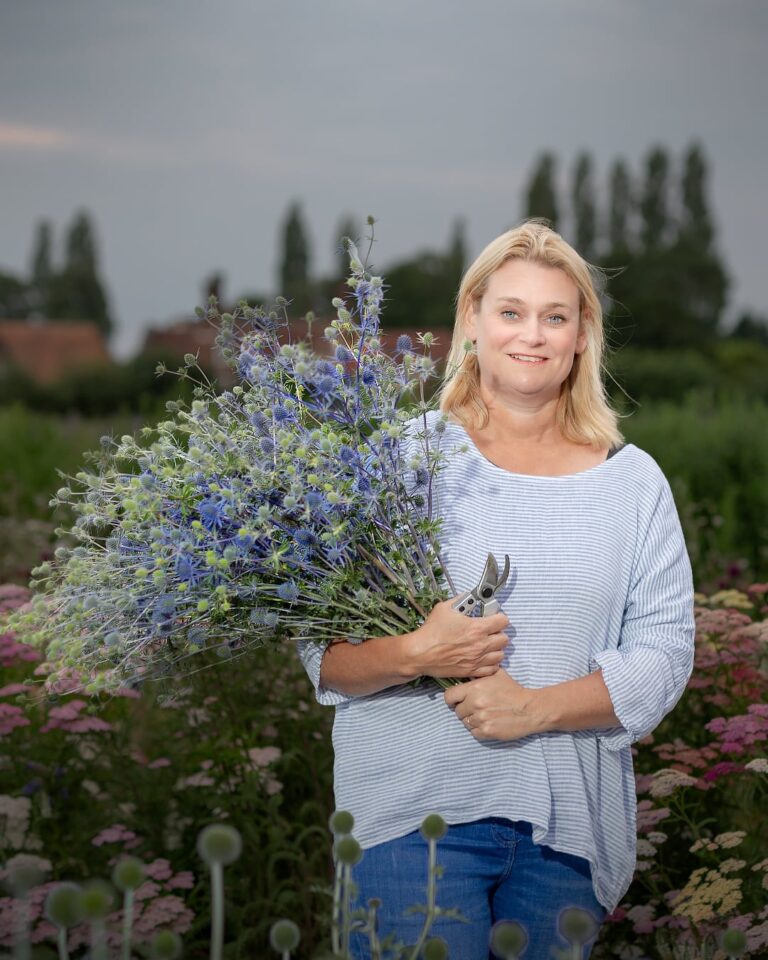 A woman in a striped blue shirt holds freshly cut blue flowers and pruning shears in a flowering garden field.