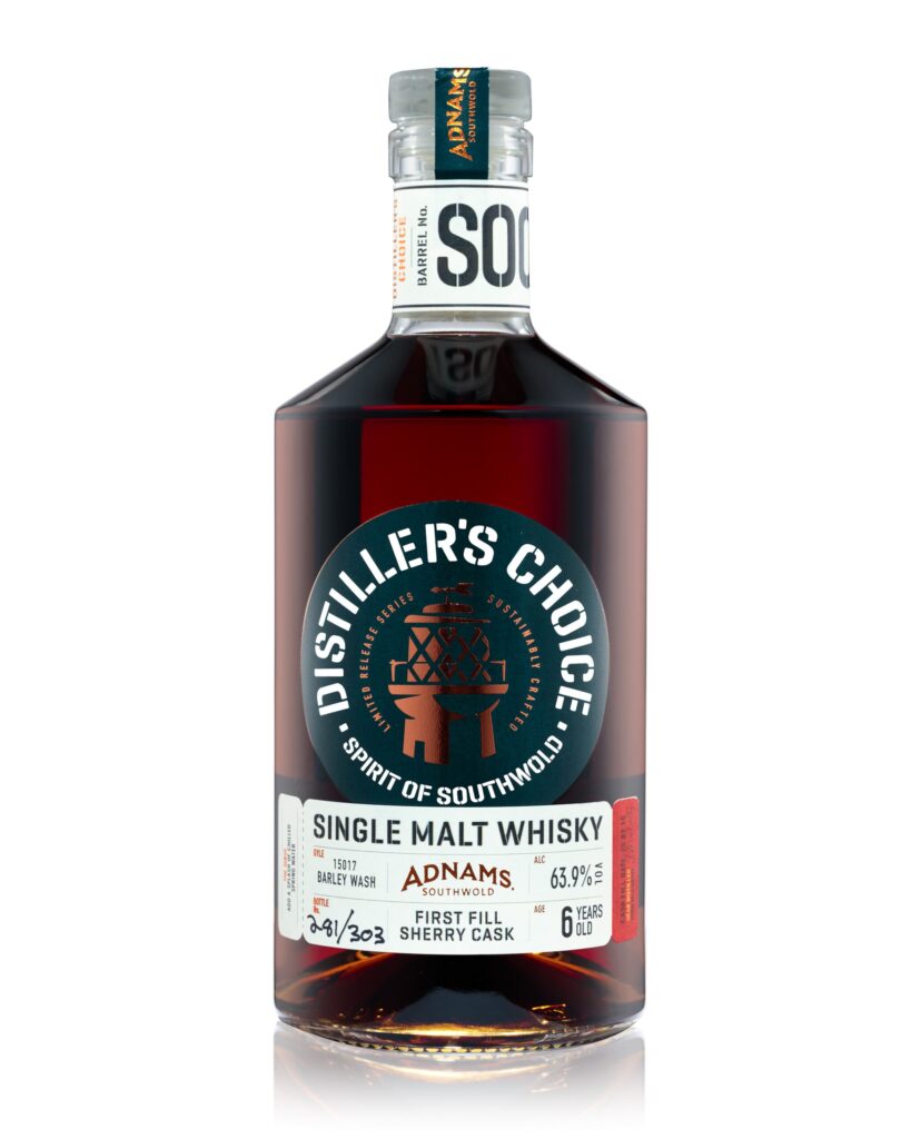 Bottle of Adnams Distiller's Choice single malt whisky on a white background