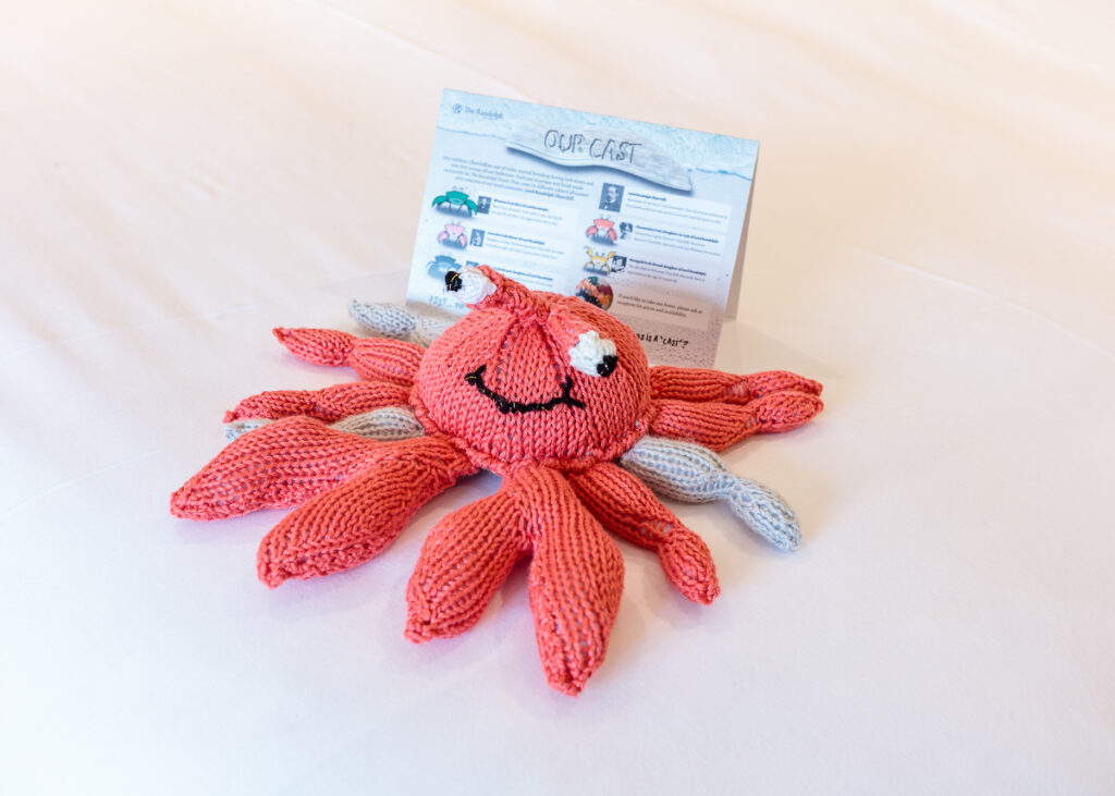 A knitted coral-coloured octopus toy with a smiling face lies on a white surface next to its instruction sheet titled Our Cast.