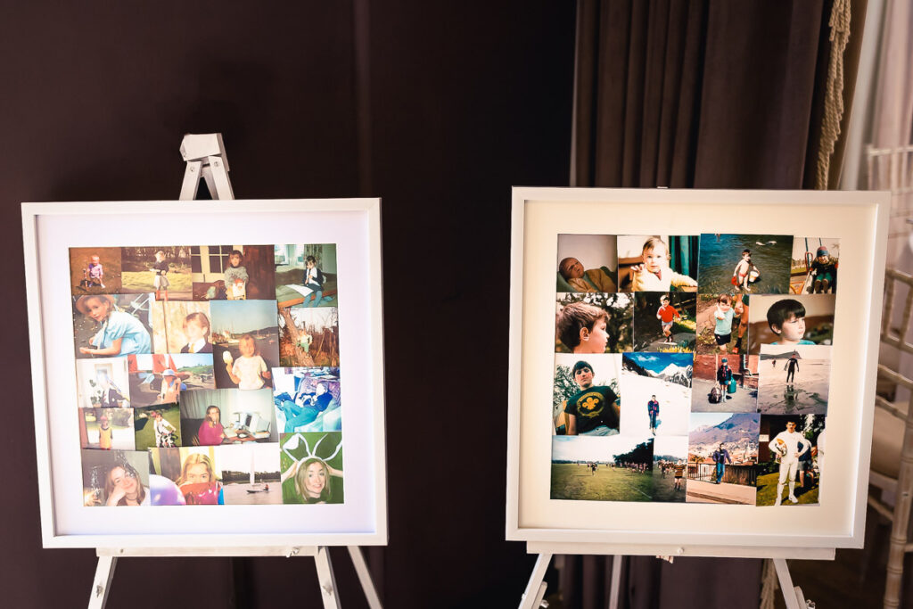 Two framed photo collages displayed on easels against a dark curtained background.