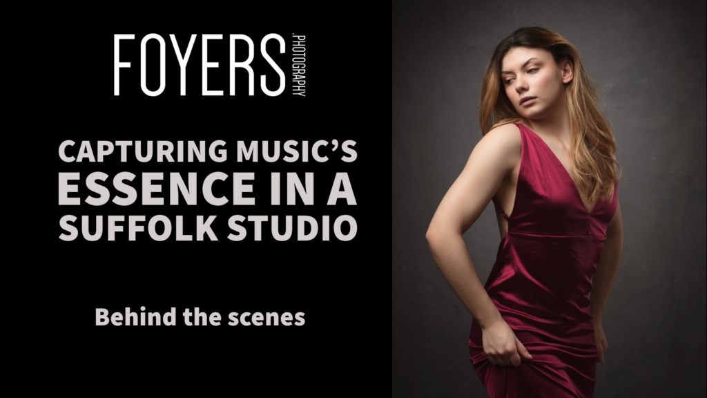 Video thumbnail for a behind-the-scenes music photoshoot in a Suffolk studio, with a woman in a burgundy dress