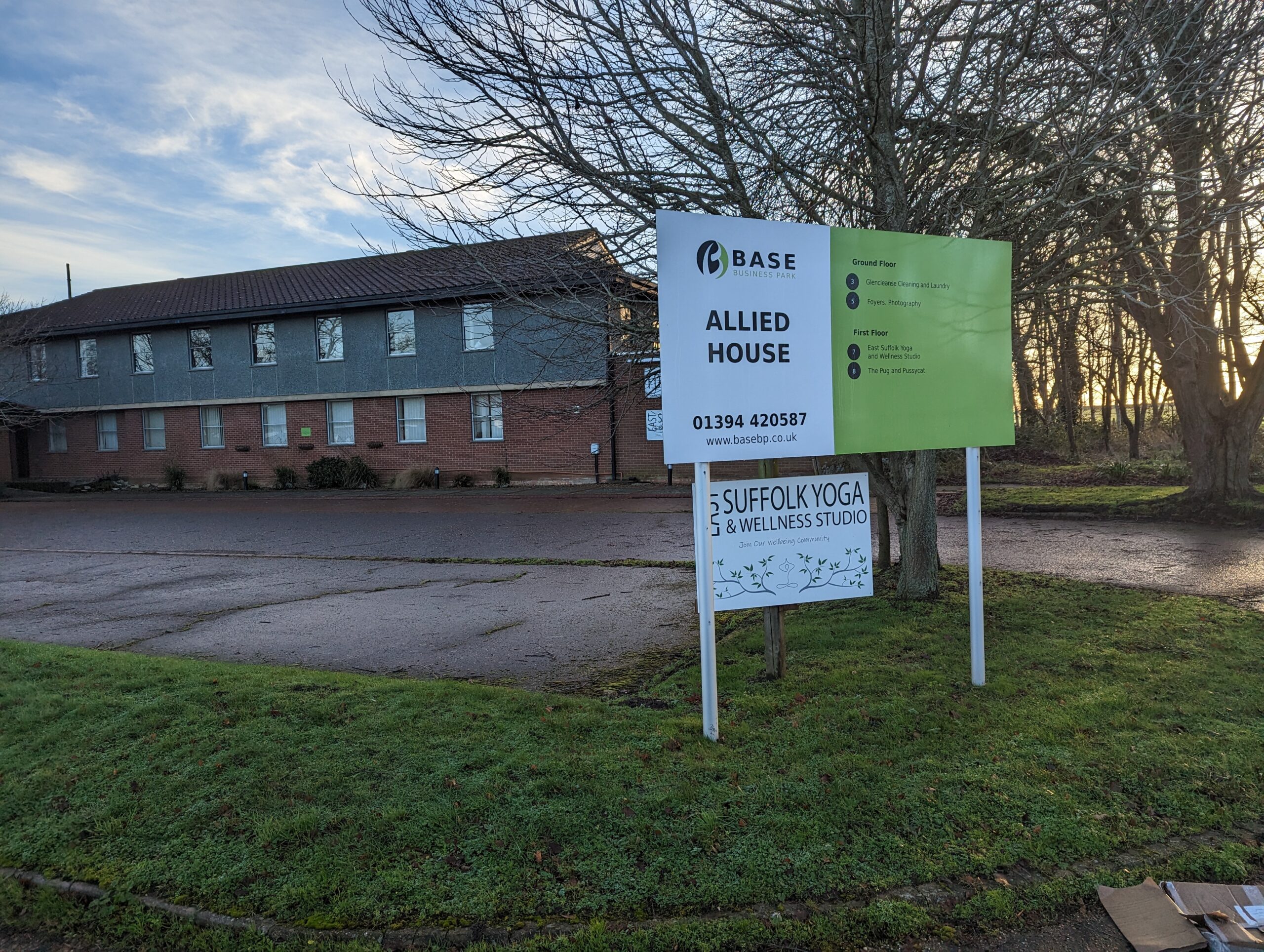 Allied House sign at Base Business Park, Rendlesham, where the studio is based