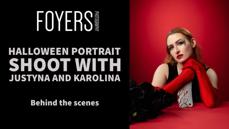 Halloween portrait shoot with woman in red against red background