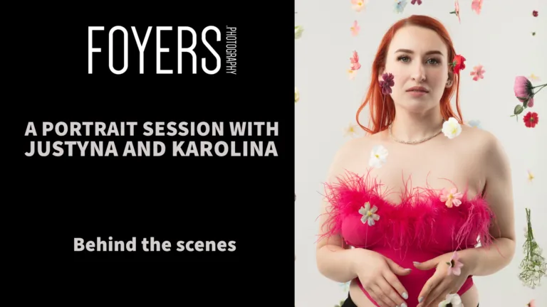 Behind-the-scenes portrait session with flowers and model.