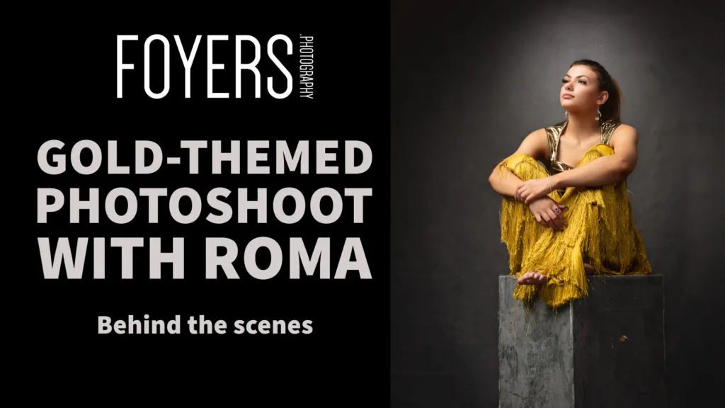 Gold-themed photoshoot with Roma, behind the scenes.