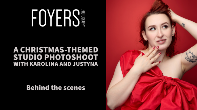 Christmas photoshoot with model in red dress.