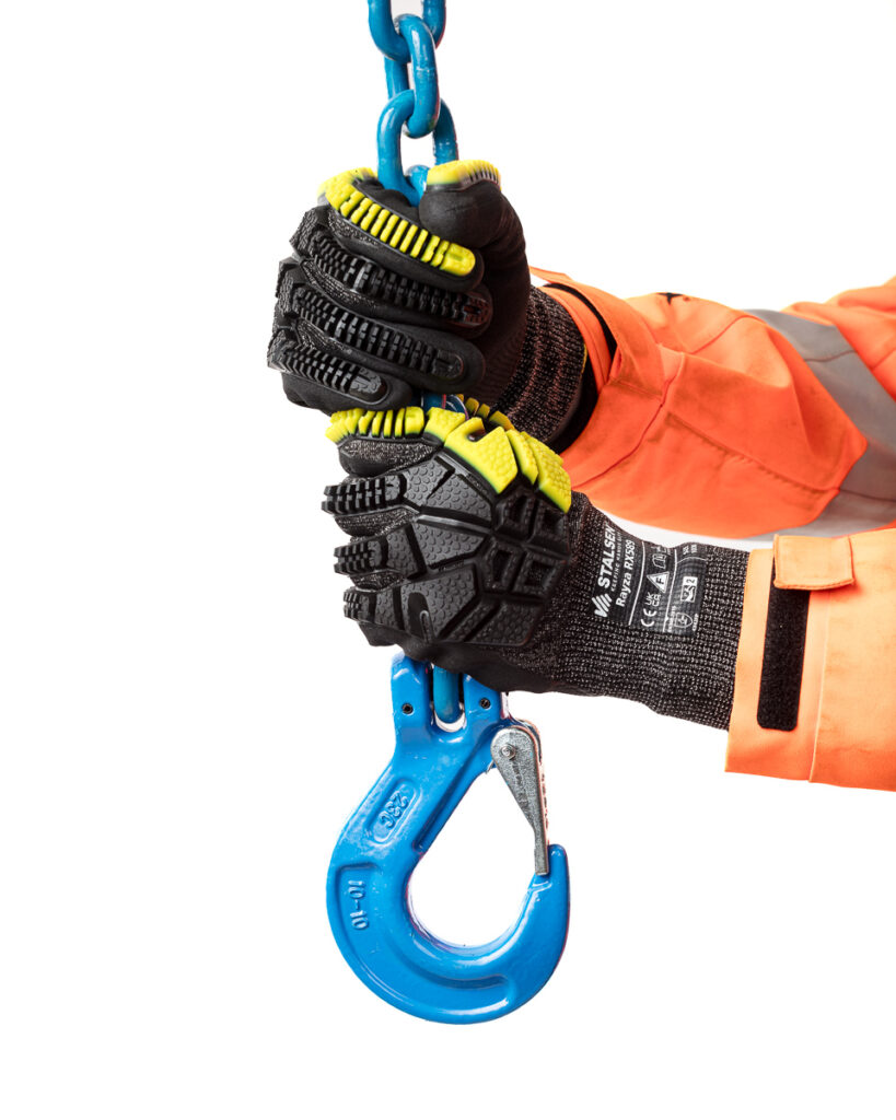 Safety gloves holding blue industrial hook