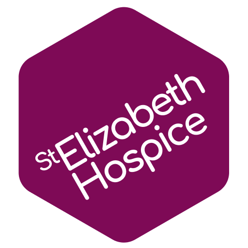 St. Elizabeth Hospice logo, maroon hexagon design.
