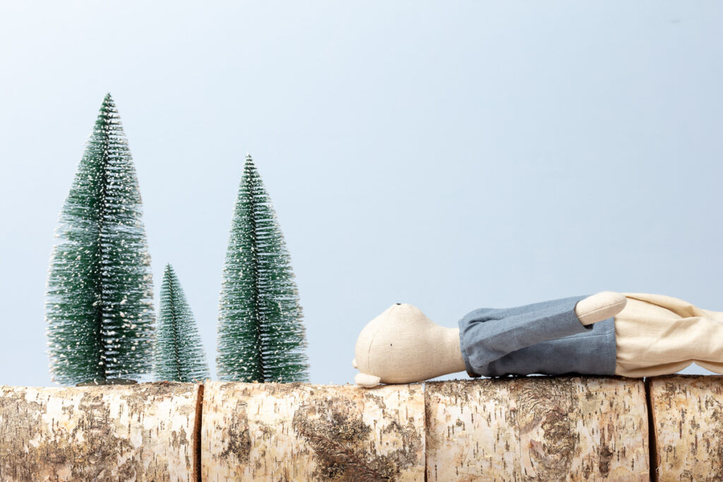 Toy doll lying on log near trees