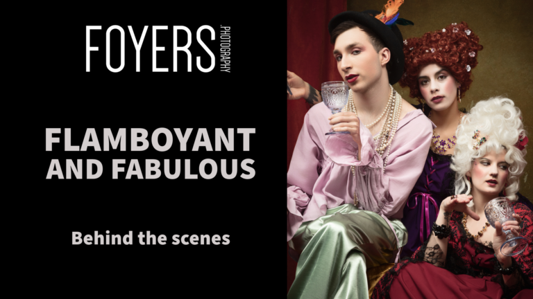 Flamboyant, fabulous people posing; behind the scenes photo.
