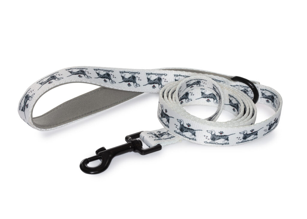 White dog leash with dachshund design