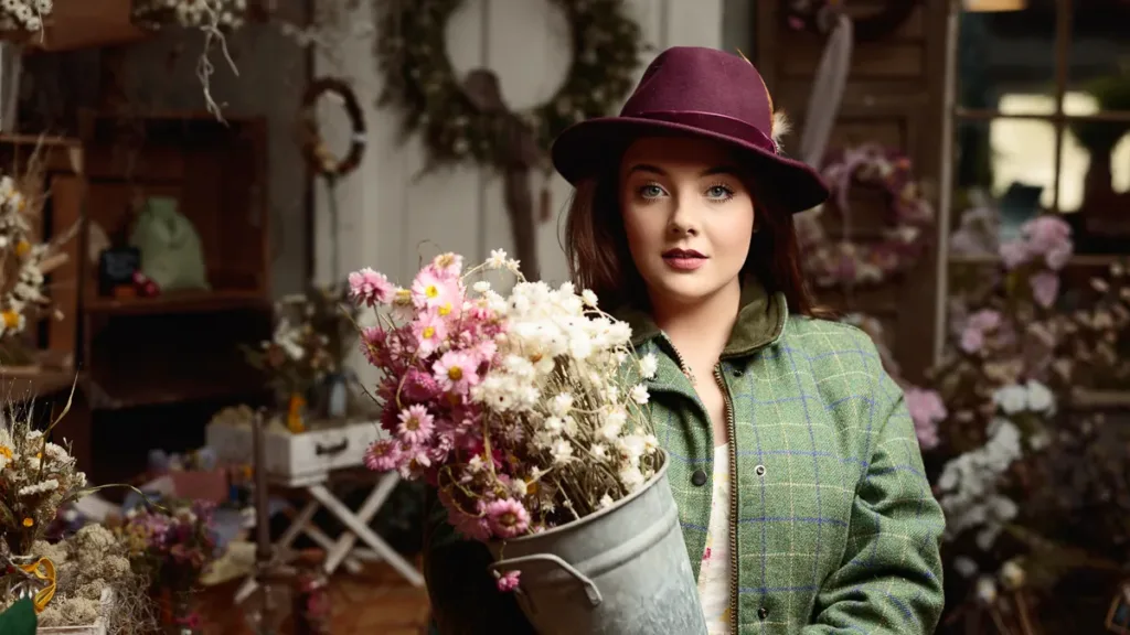Woman in hat holding a bucket of flowers.