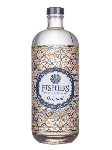 Fishers Gin bottle with decorative label.