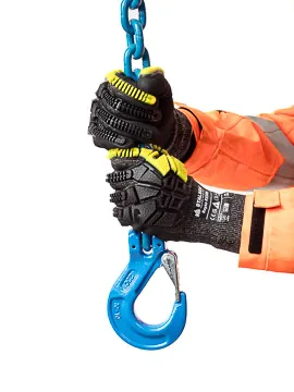 Worker securing lifting hook with gloves