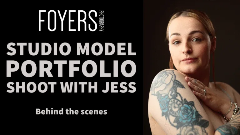 Studio model portfolio shoot with tattooed woman, behind scenes.