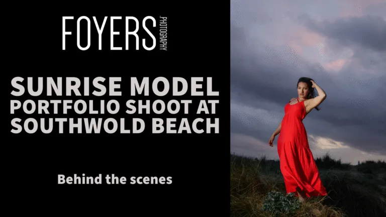 Model in red dress at Southwold Beach sunrise.