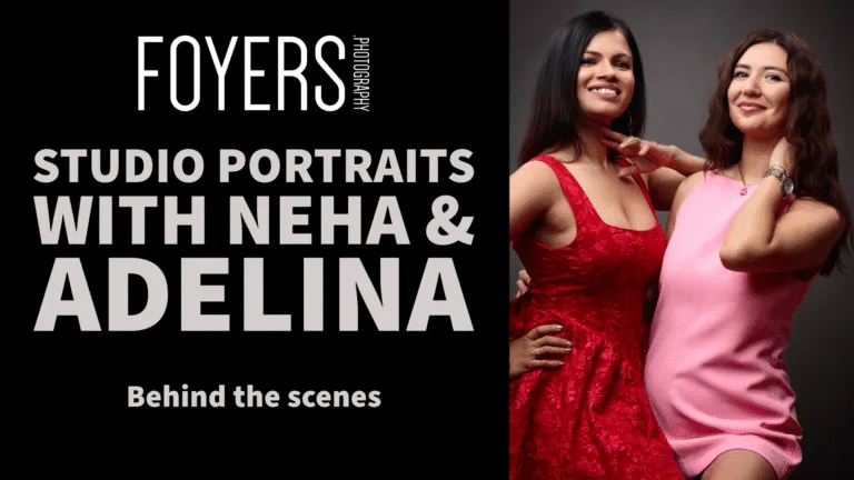 Studio portrait photoshoot, two women posing happily.