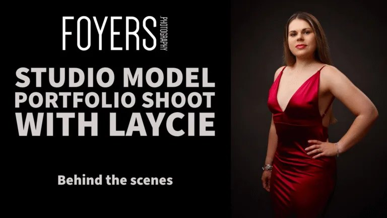 Model in red dress studio photoshoot