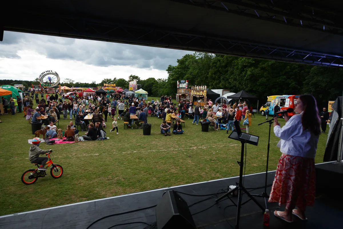 Outdoor festival with crowds and performer on stage.