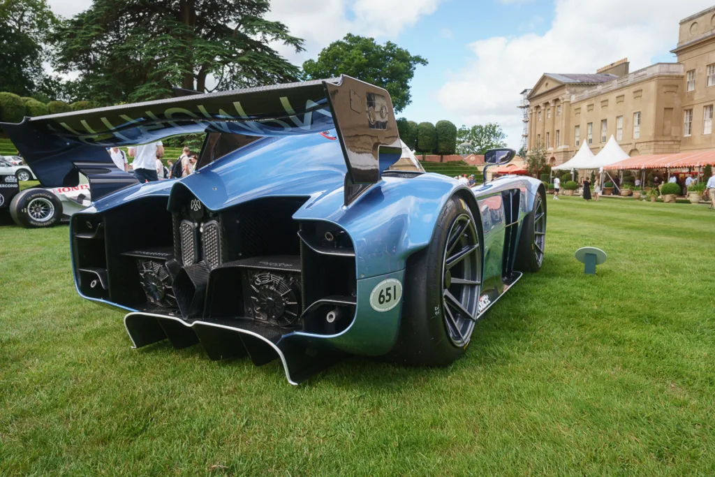 Blue race car on green lawn.