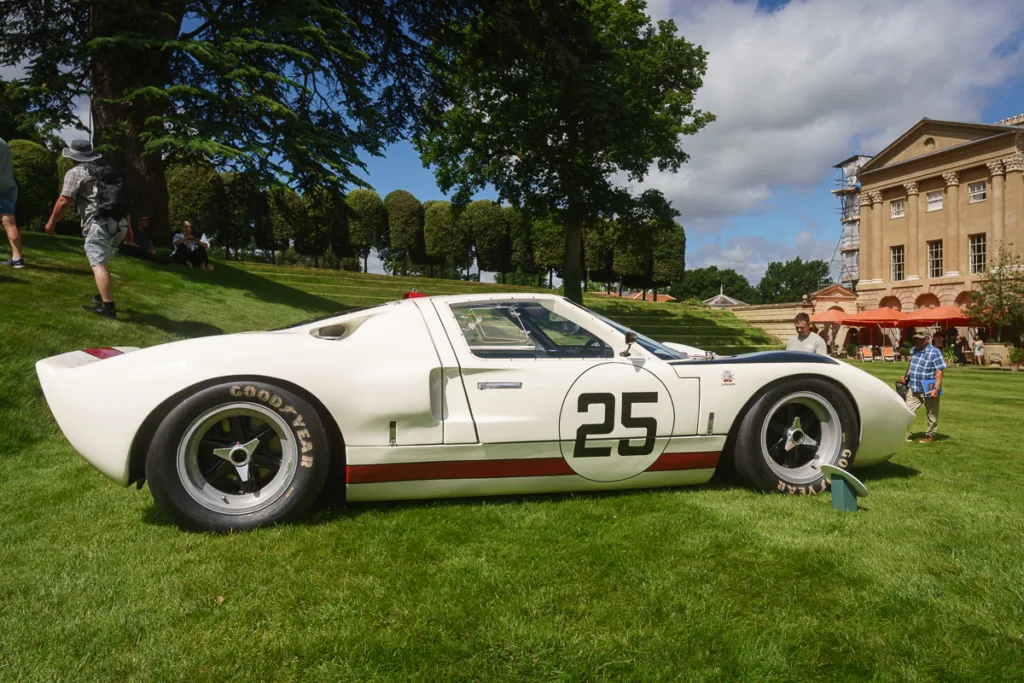 Classic race car on display at outdoor event