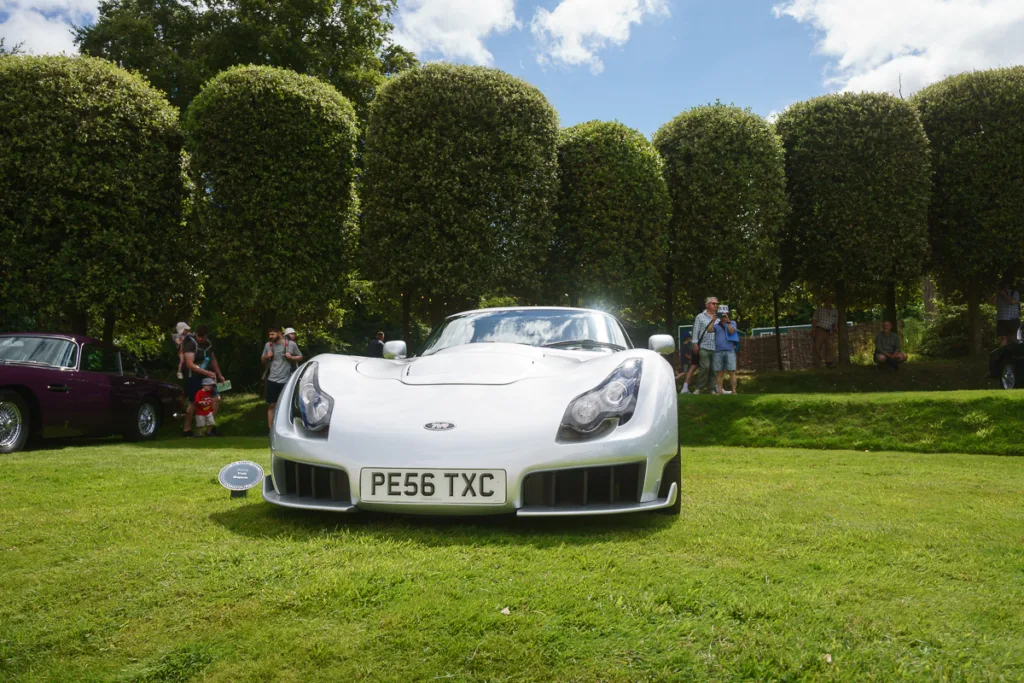 Silver sports car on green grass at car show.