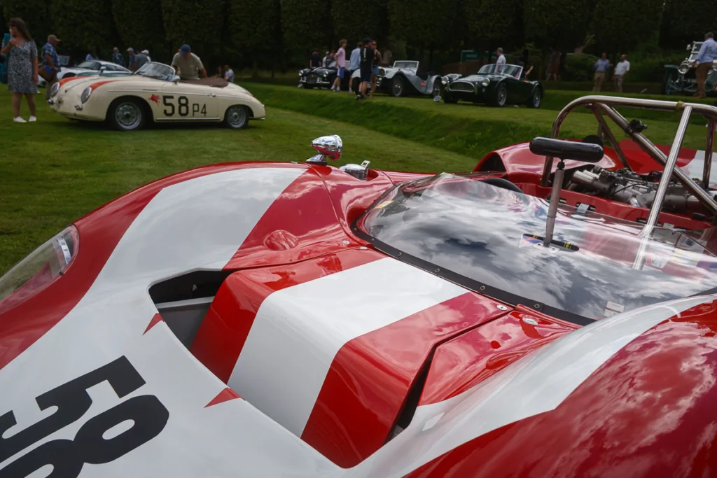 Classic sports cars displayed on a grassy field.