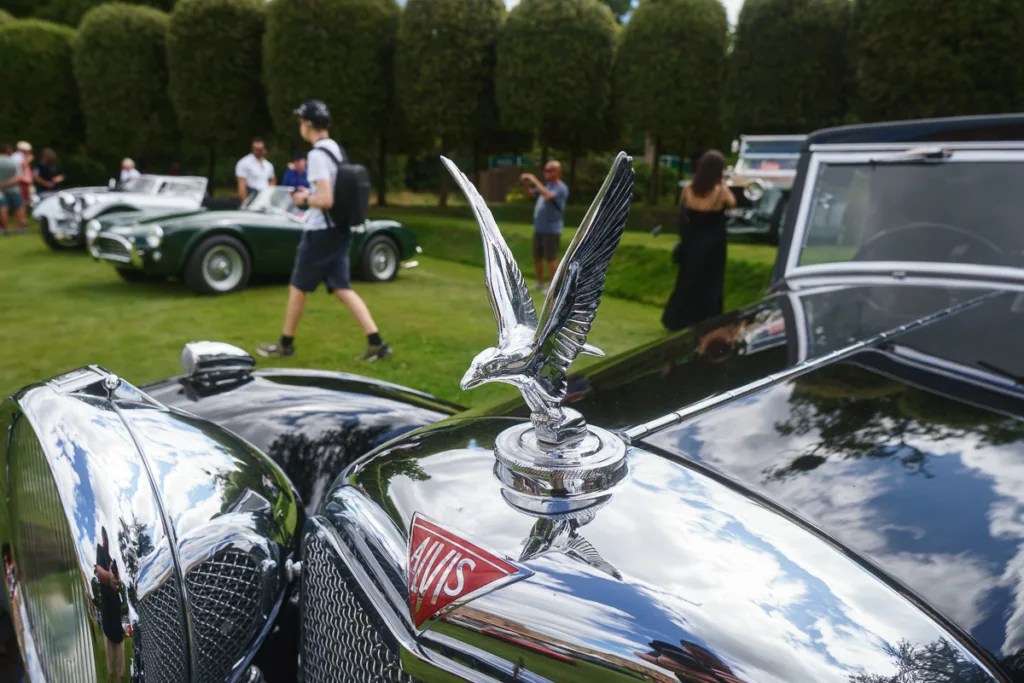 Vintage car show, chrome hood ornament close-up.
