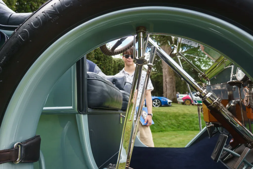 Close-up of vintage car interior and wheel