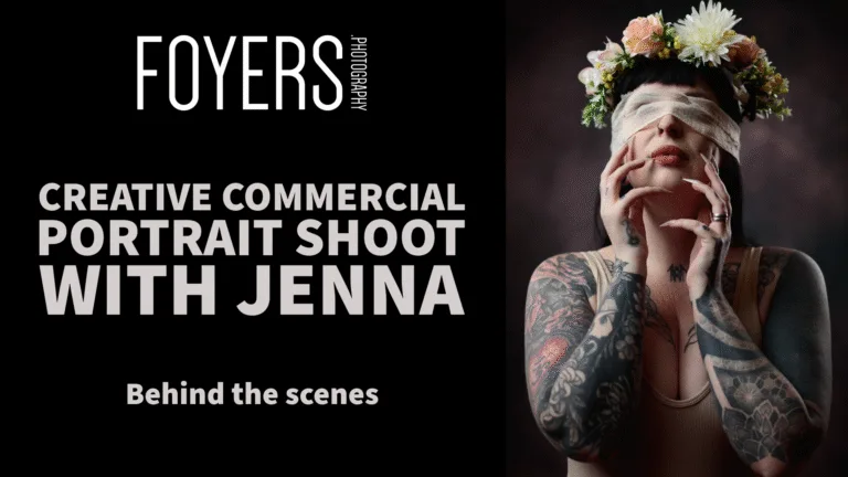 Blindfolded tattooed woman with flower crown, photoshoot.